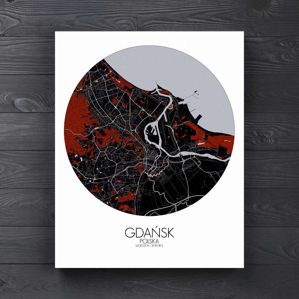 Mapospheres Gdansk Red dark round shape design canvas city map