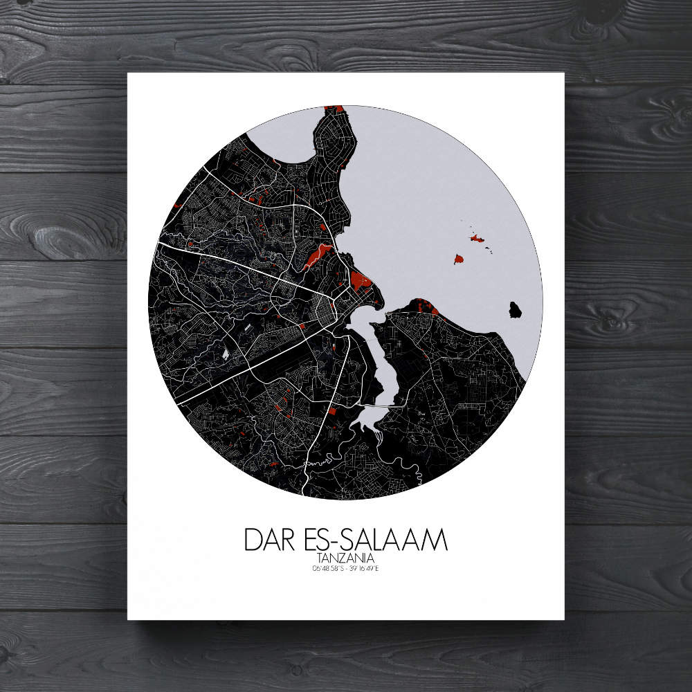 Mapospheres Dar es Salaam Red dark round shape design canvas city map