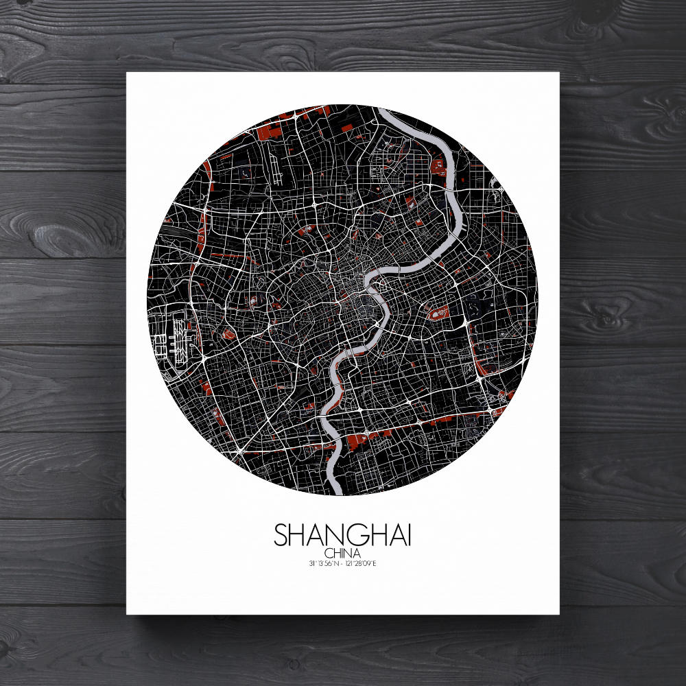 Mapospheres Shanghai Red dark round shape design canvas city map