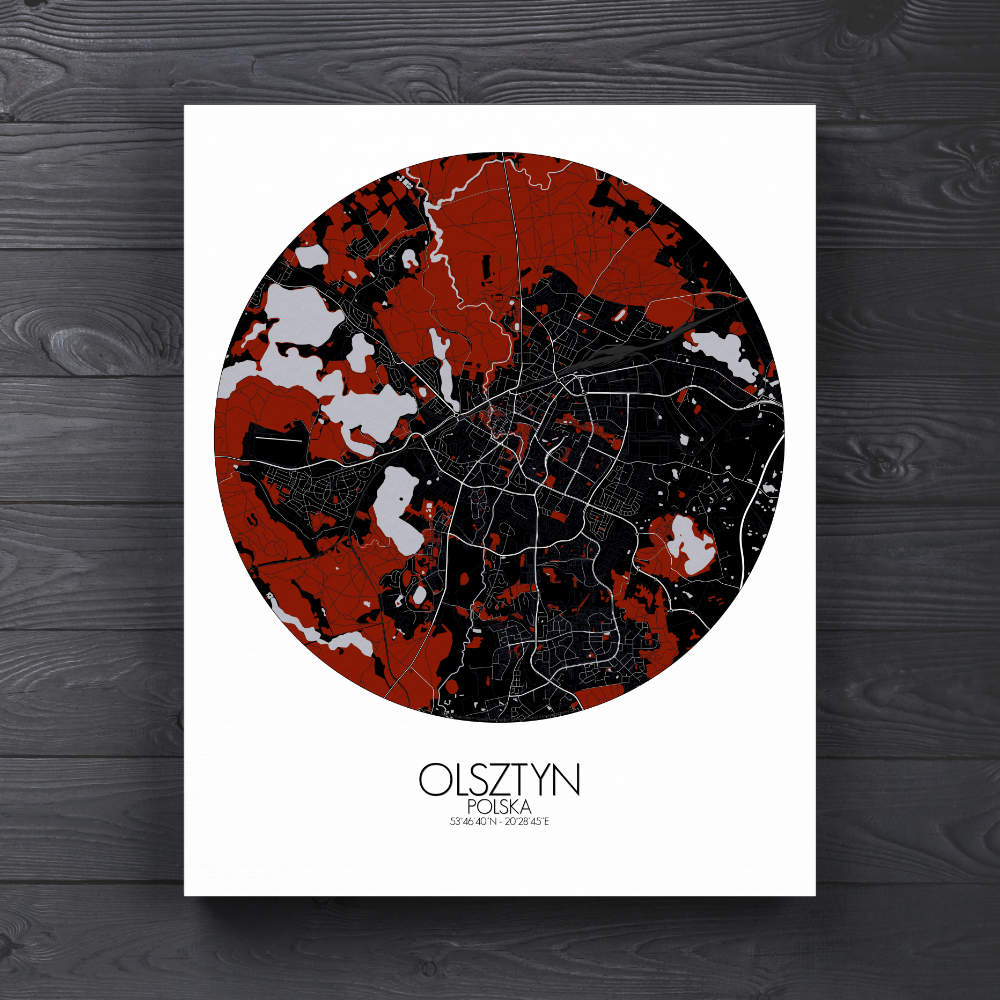 Mapospheres Olsztyn Red dark round shape design canvas city map
