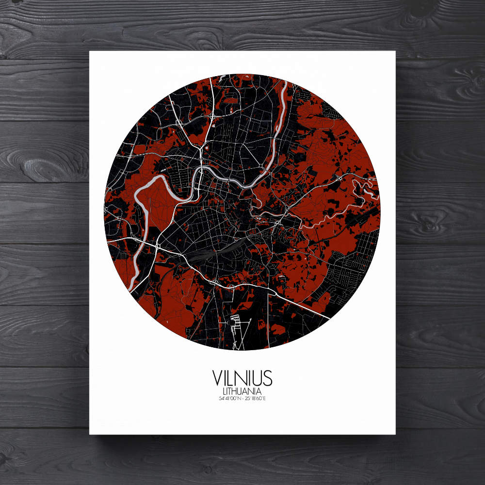 Mapospheres Vilnius Red dark round shape design canvas city map
