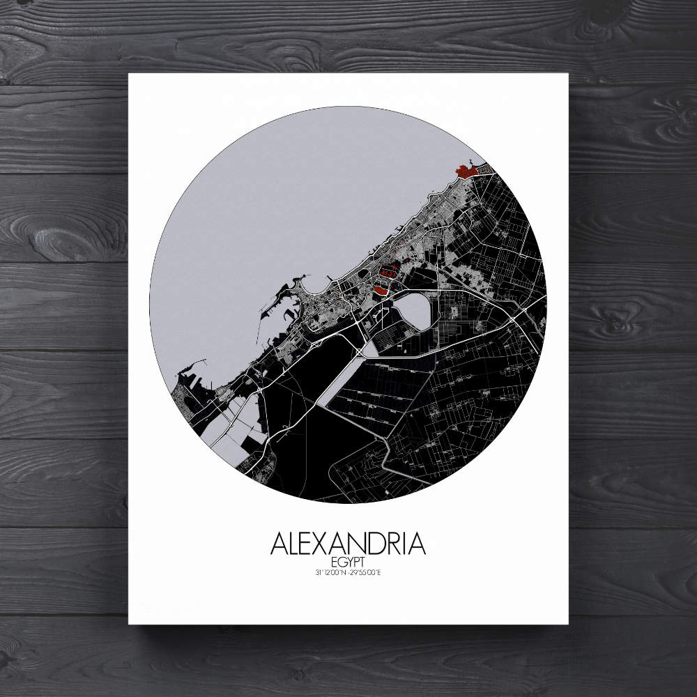 Mapospheres Alexandria Red dark round shape design canvas city map