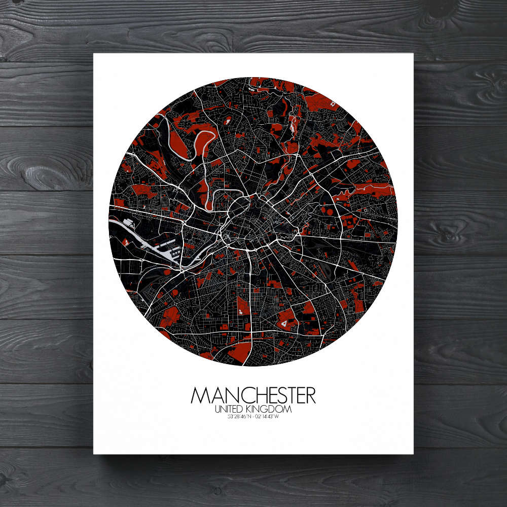 Mapospheres Manchester Red dark round shape design canvas city map