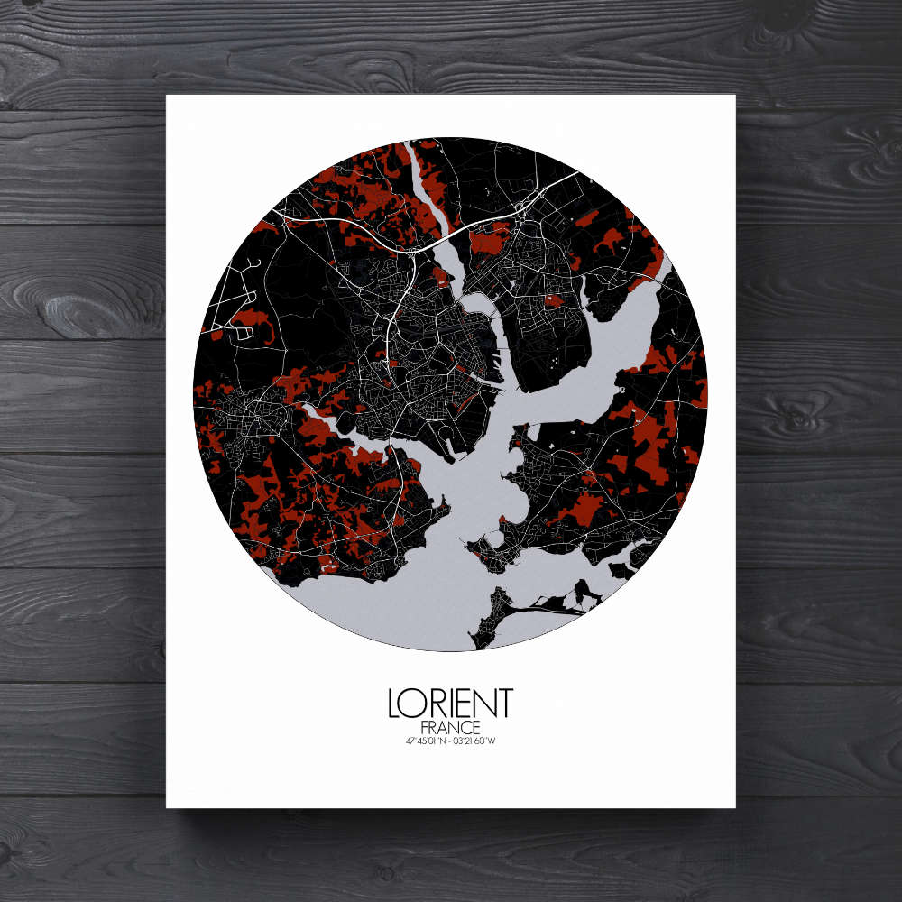 Mapospheres Lorient Red dark round shape design canvas city map