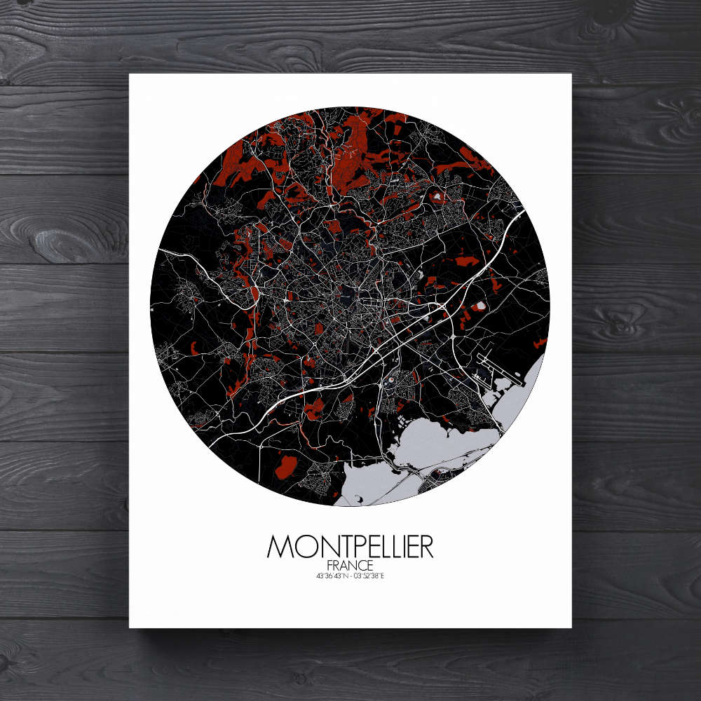 Mapospheres Montpellier Red dark round shape design canvas city map