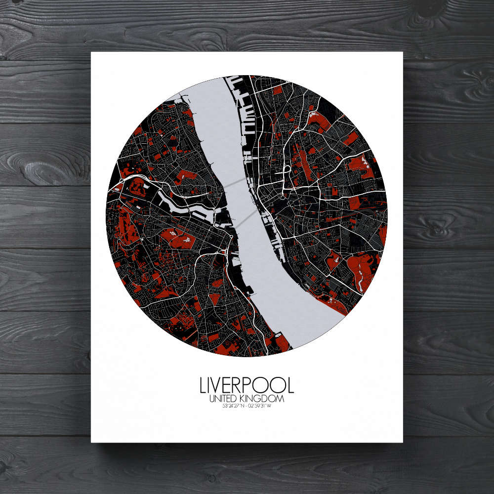Mapospheres Liverpool Red dark round shape design canvas city map