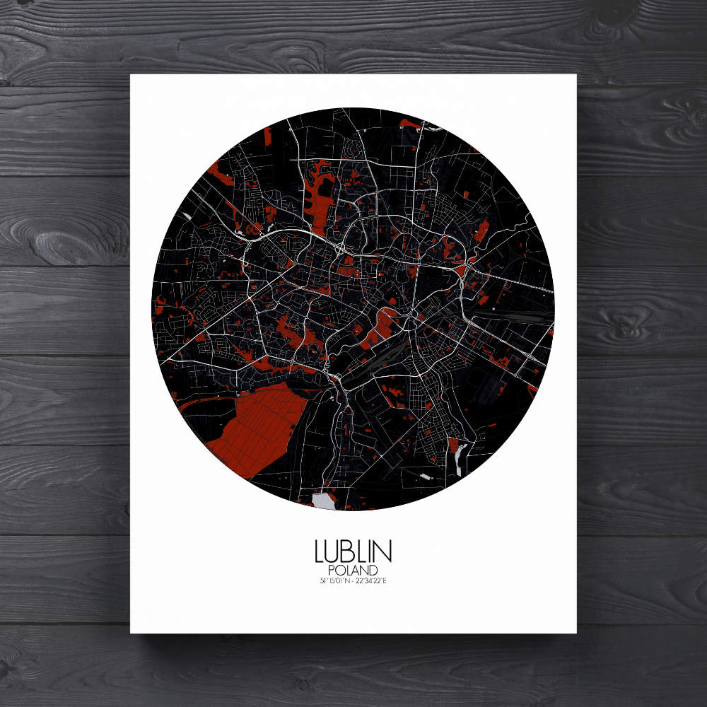 Mapospheres Lublin Red dark round shape design canvas city map