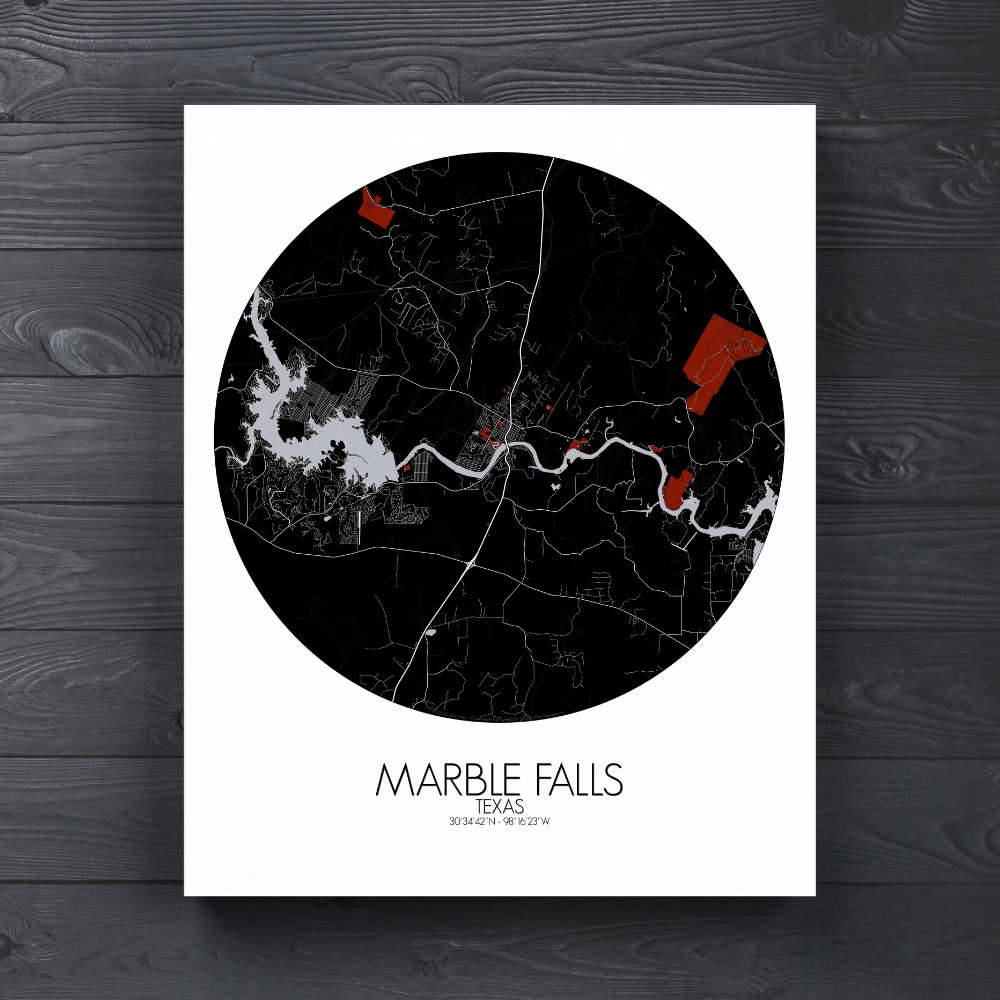 Mapospheres Marble Falls Red dark round shape design canvas city map