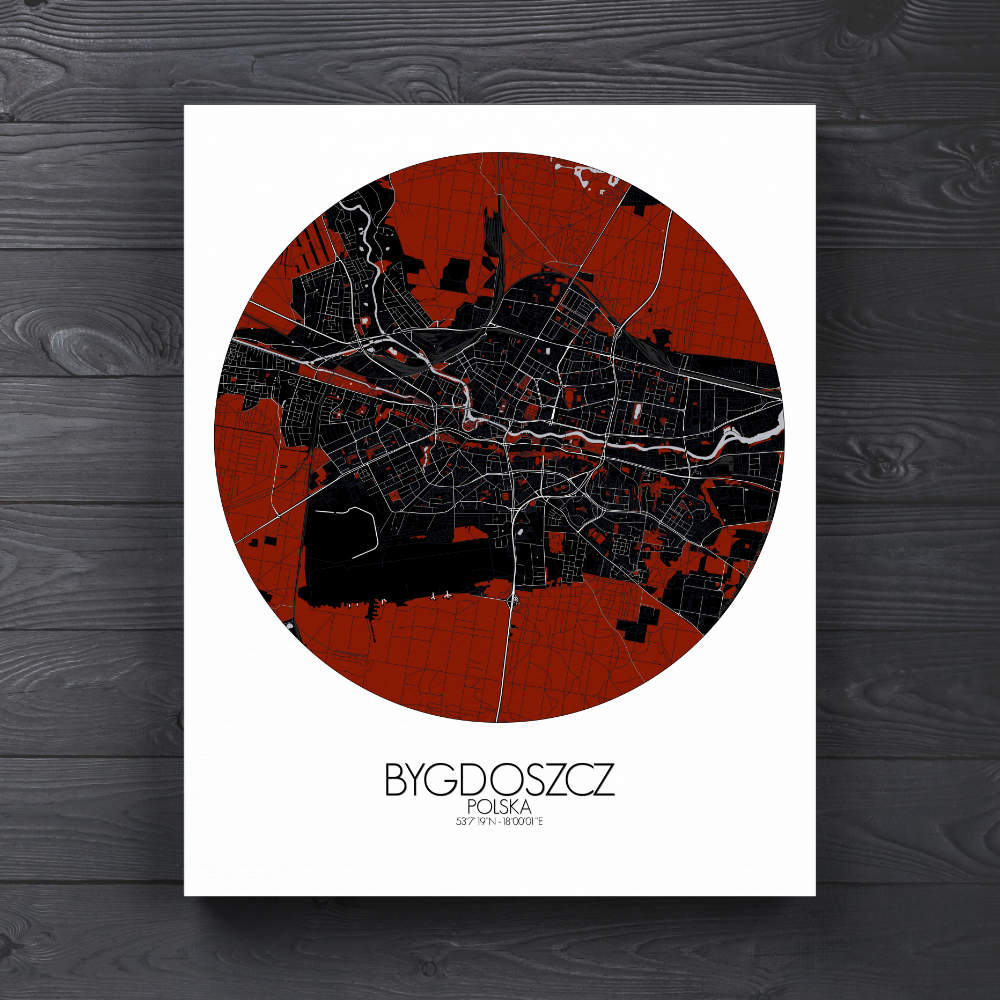 Mapospheres Bygdoszcz Red dark round shape design canvas city map