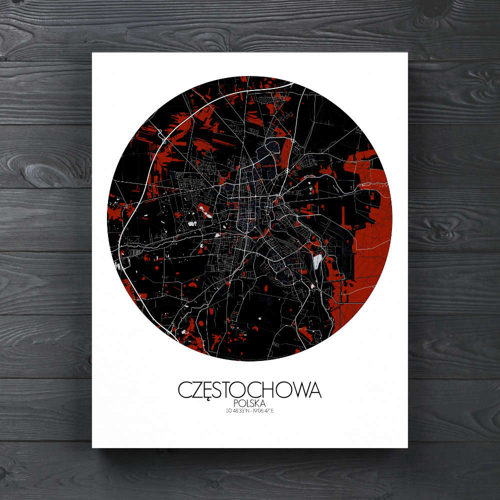 Mapospheres Czestochowa Red dark round shape design canvas city map
