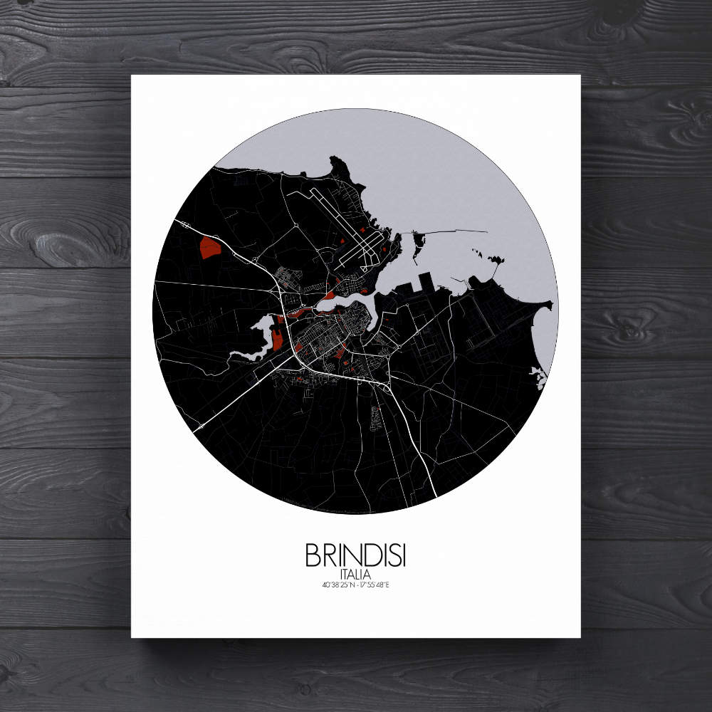Mapospheres Brindisi Red dark round shape design canvas city map