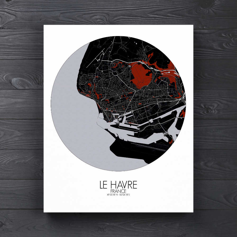 Mapospheres Le Havre Red dark round shape design canvas city map