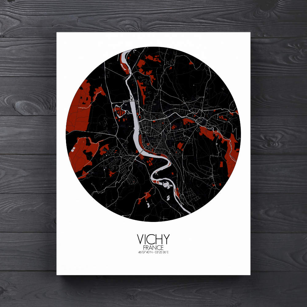 Mapospheres Vichy Red dark round shape design canvas city map