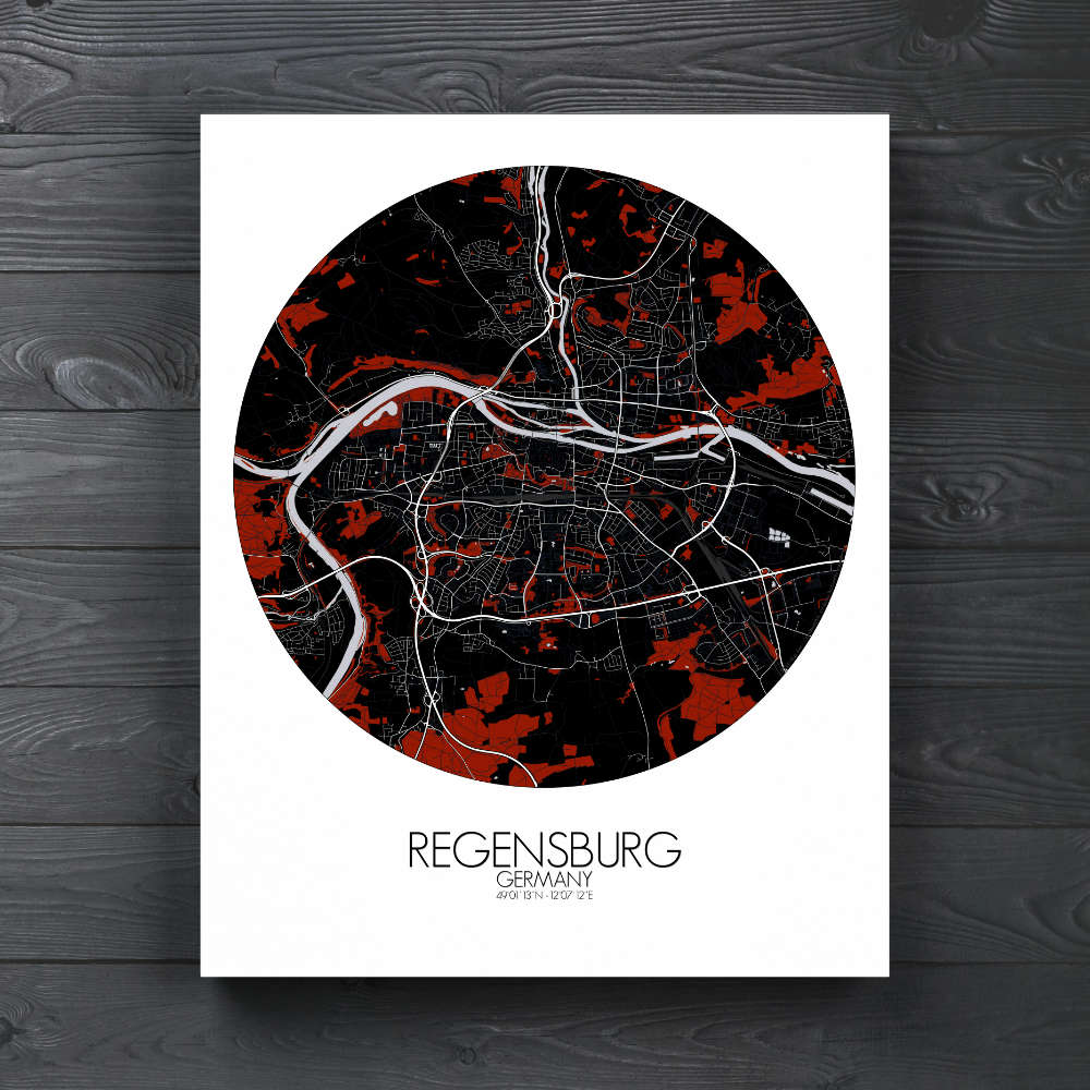 Mapospheres Regensburg Red dark round shape design canvas city map