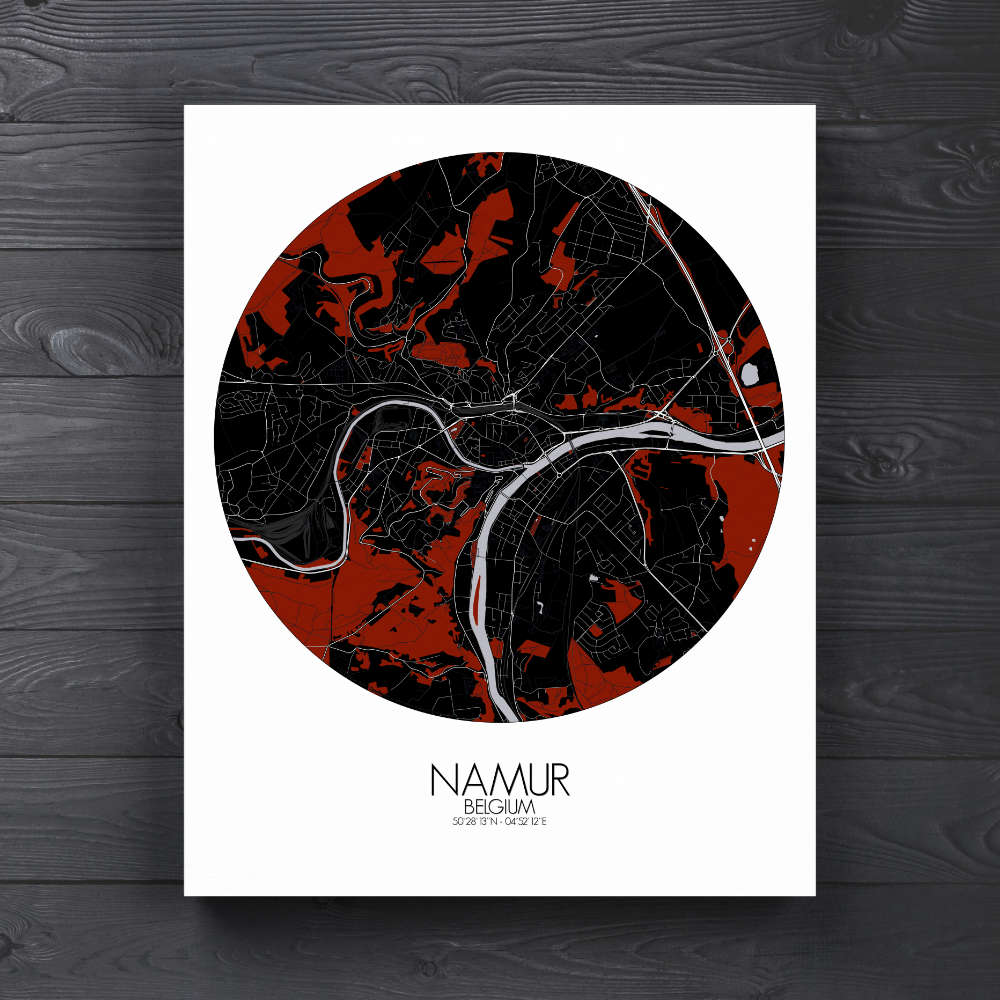 Mapospheres Namur Red dark round shape design canvas city map