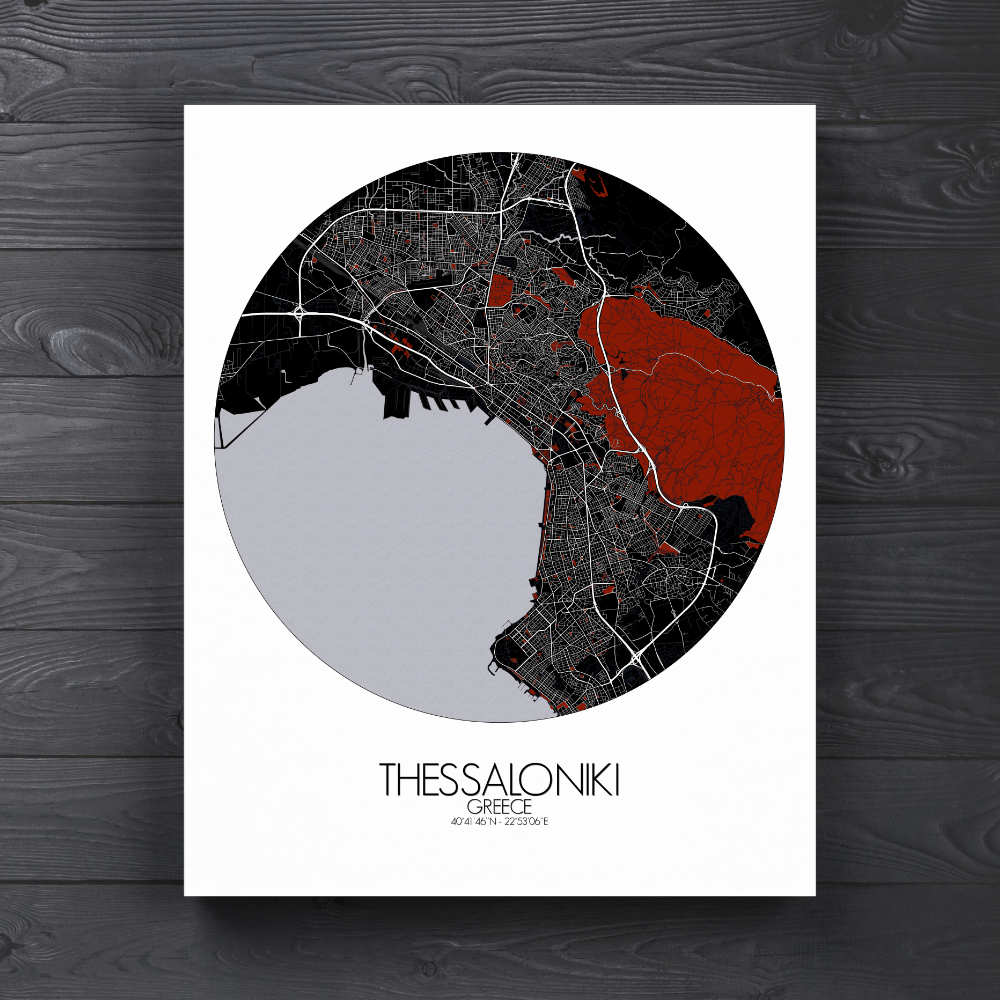 Mapospheres Thessaloniki Red dark round shape design canvas city map