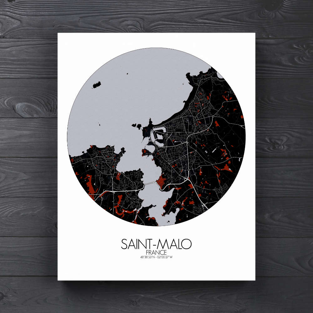 Mapospheres Saint Malo Red dark round shape design canvas city map
