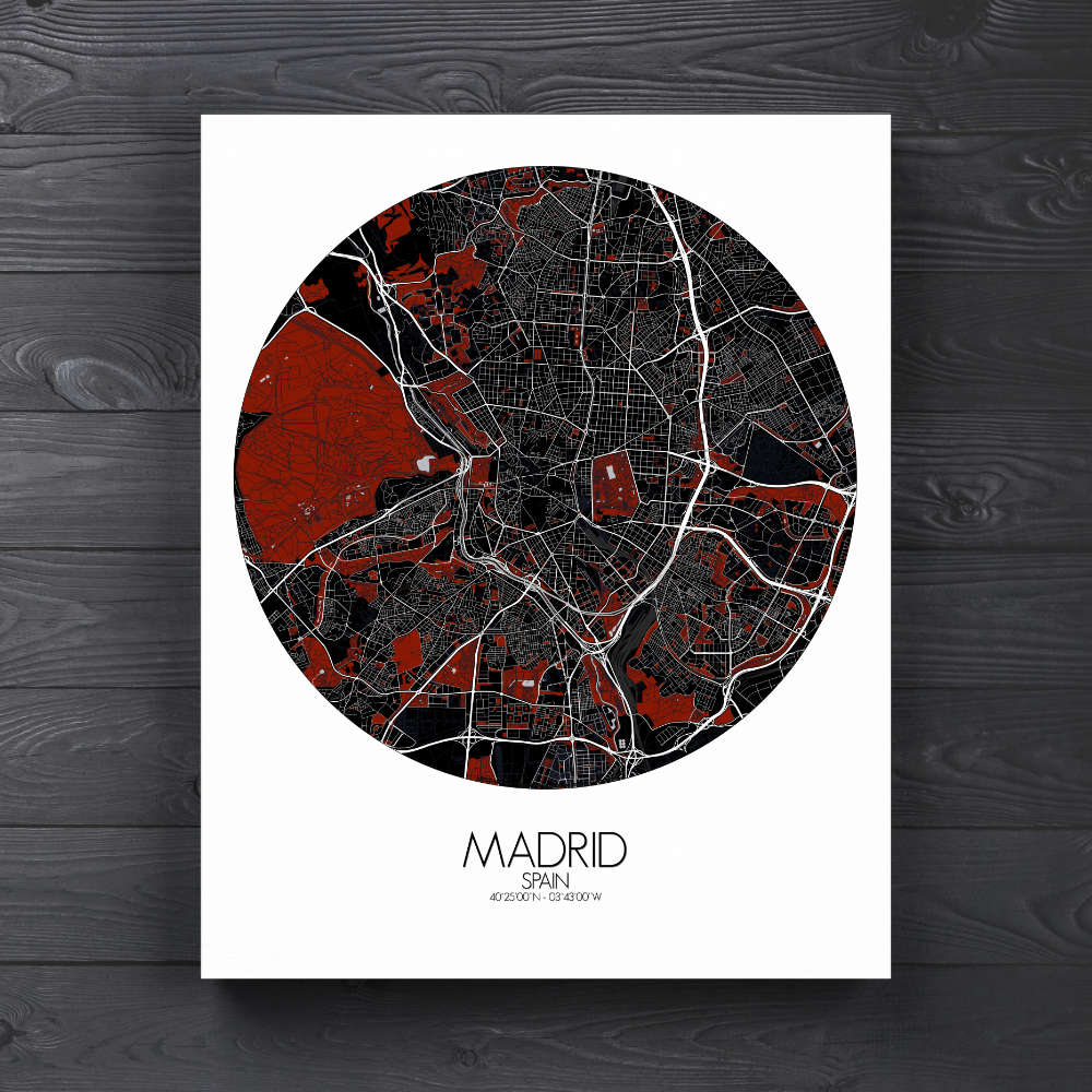 Mapospheres Madrid Red dark round shape design canvas city map