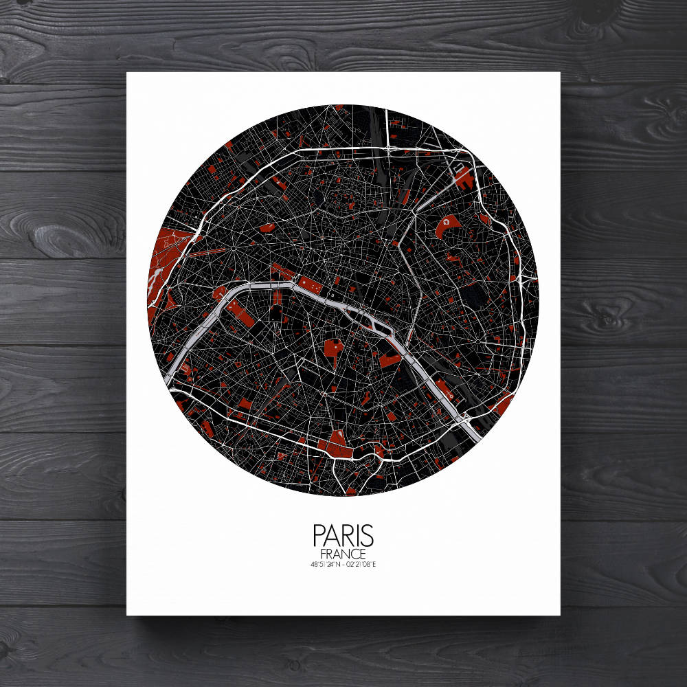 Mapospheres Paris Red dark full page design canvas city map