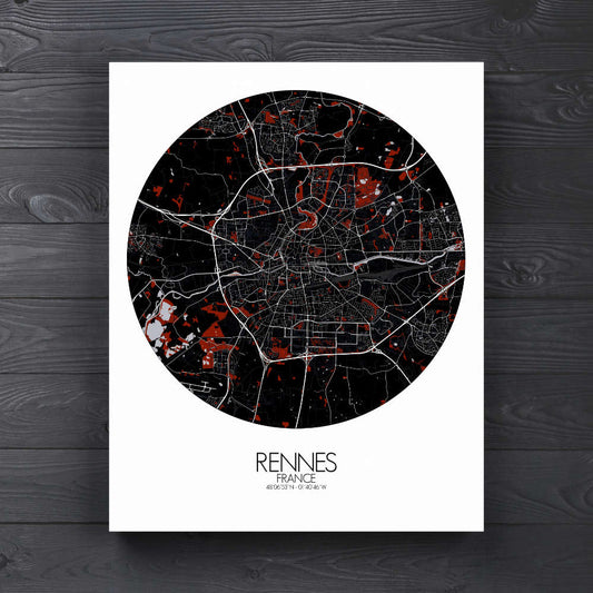 Mapospheres Rennes Red dark round shape design canvas city map