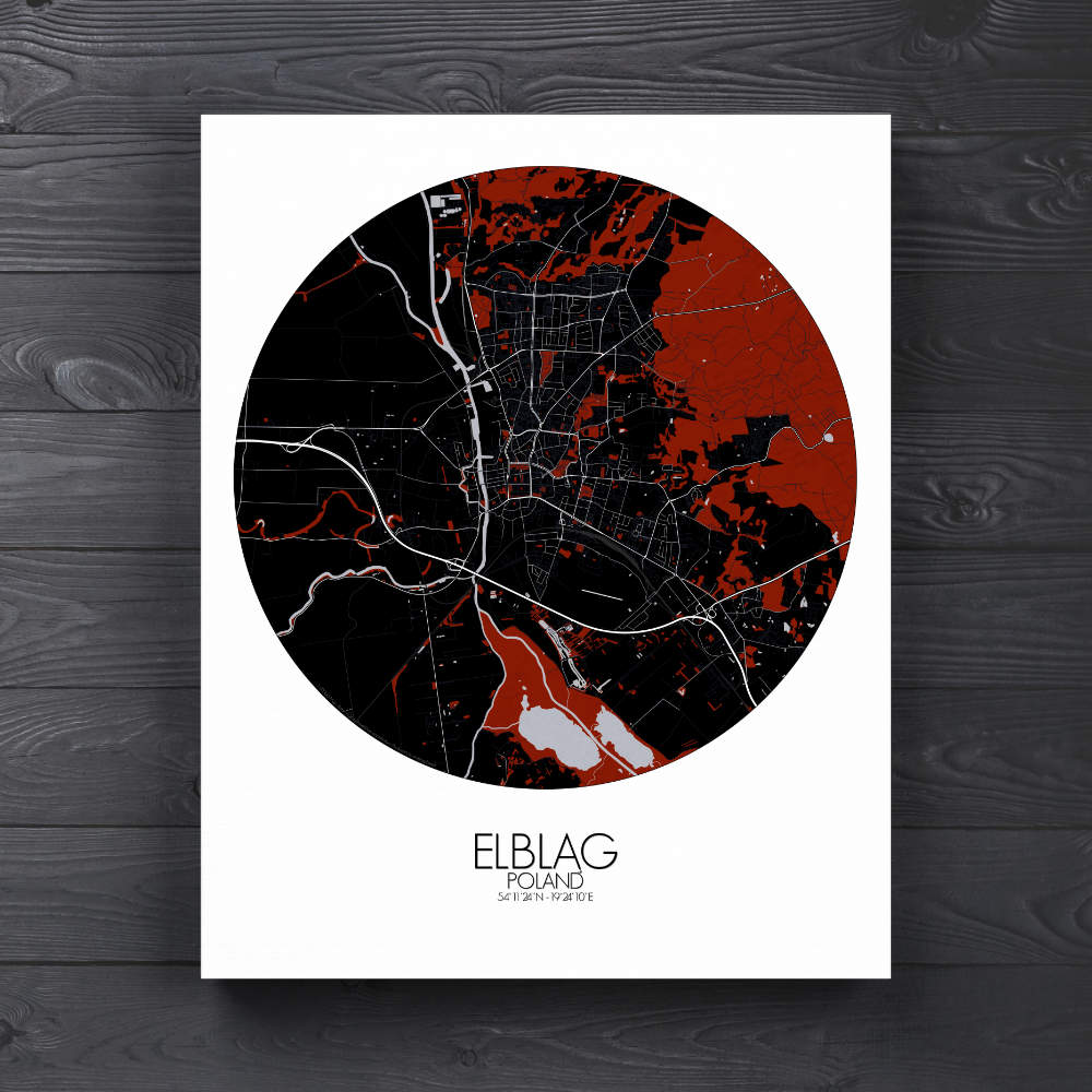 Mapospheres Elblag Red dark round shape design canvas city map
