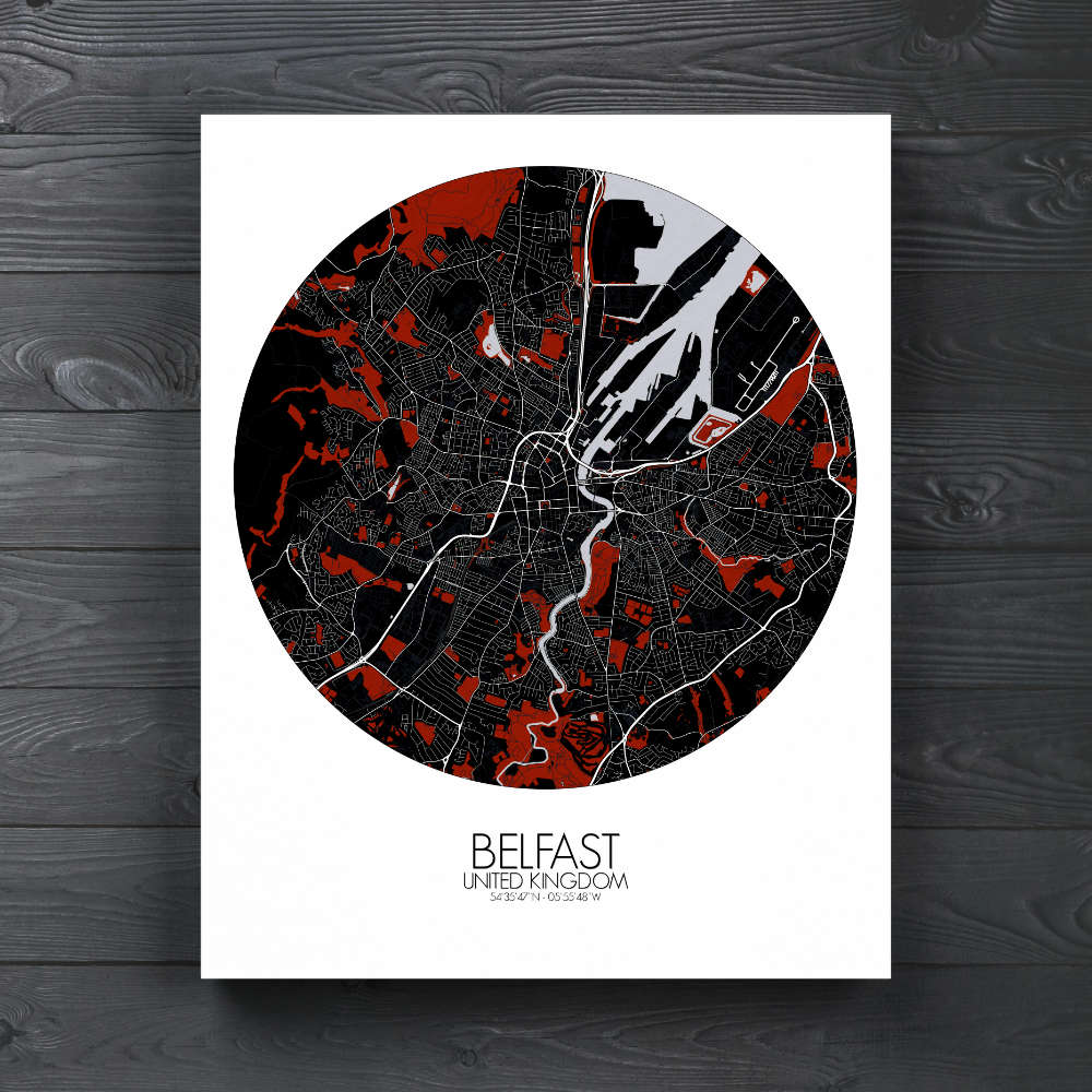 Mapospheres Belfast Red dark round shape design canvas city map