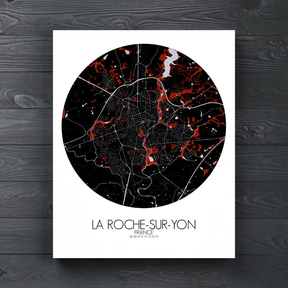 Mapospheres La Roche sur Yon Red dark round shape design canvas city map