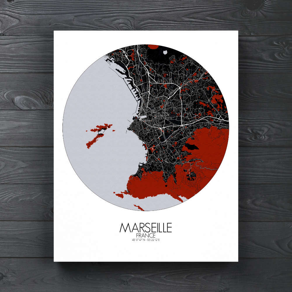 Mapospheres Marseille Red dark round shape design canvas city map