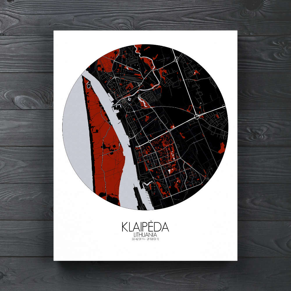 Mapospheres Klaipeda Red dark round shape design canvas city map