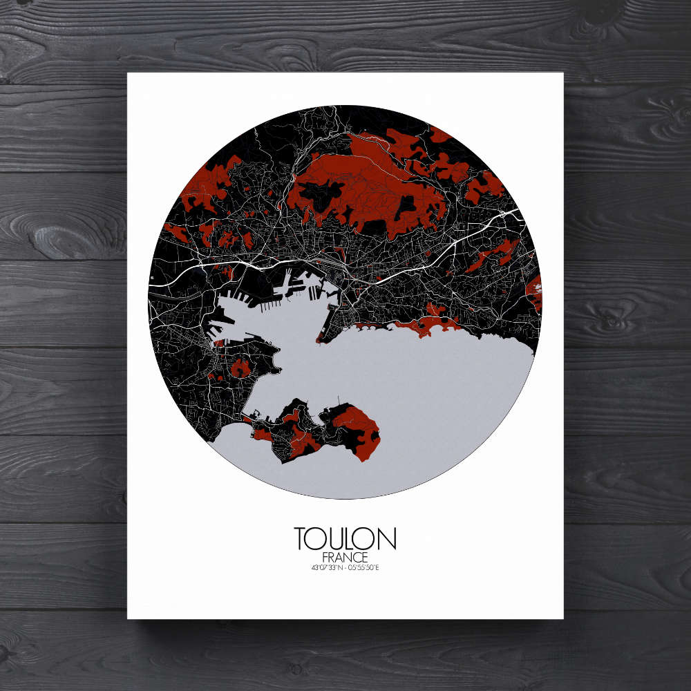 Mapospheres Toulon Red dark round shape design canvas city map