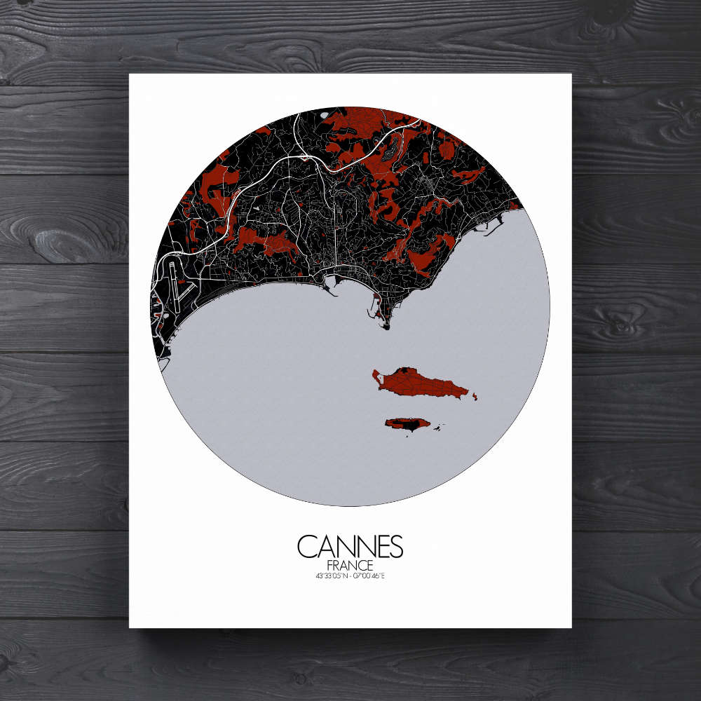 Mapospheres Cannes Red dark round shape design canvas city map