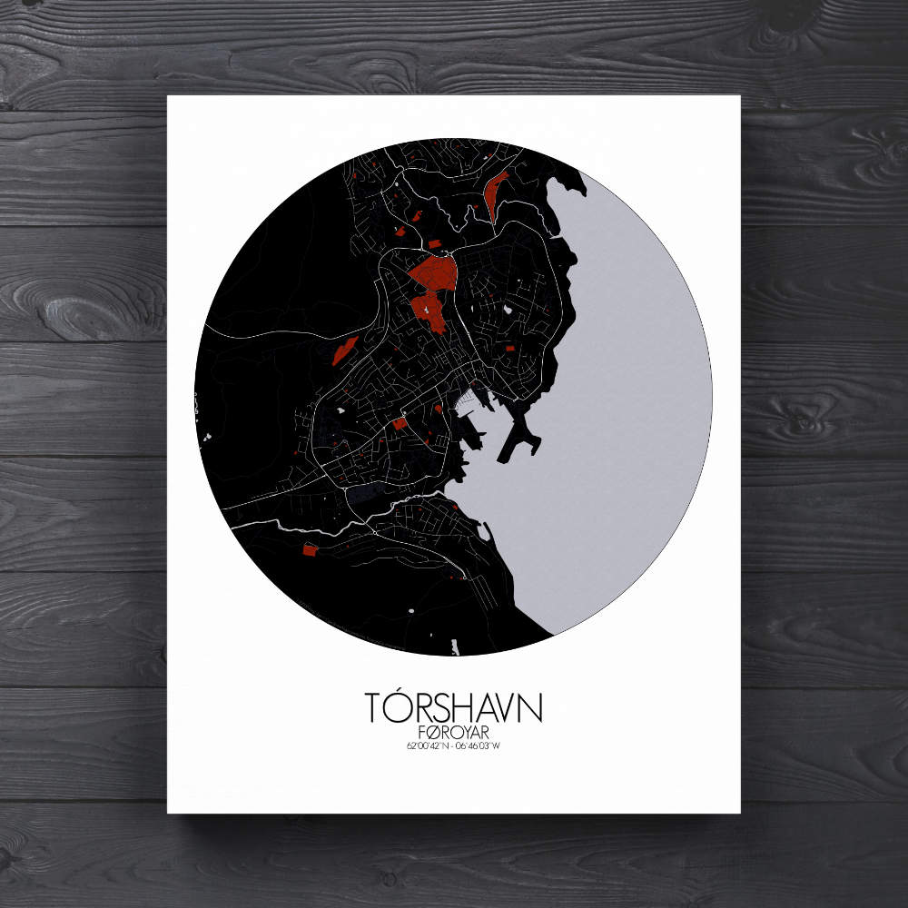 Mapospheres Torshavn Red dark round shape design canvas city map