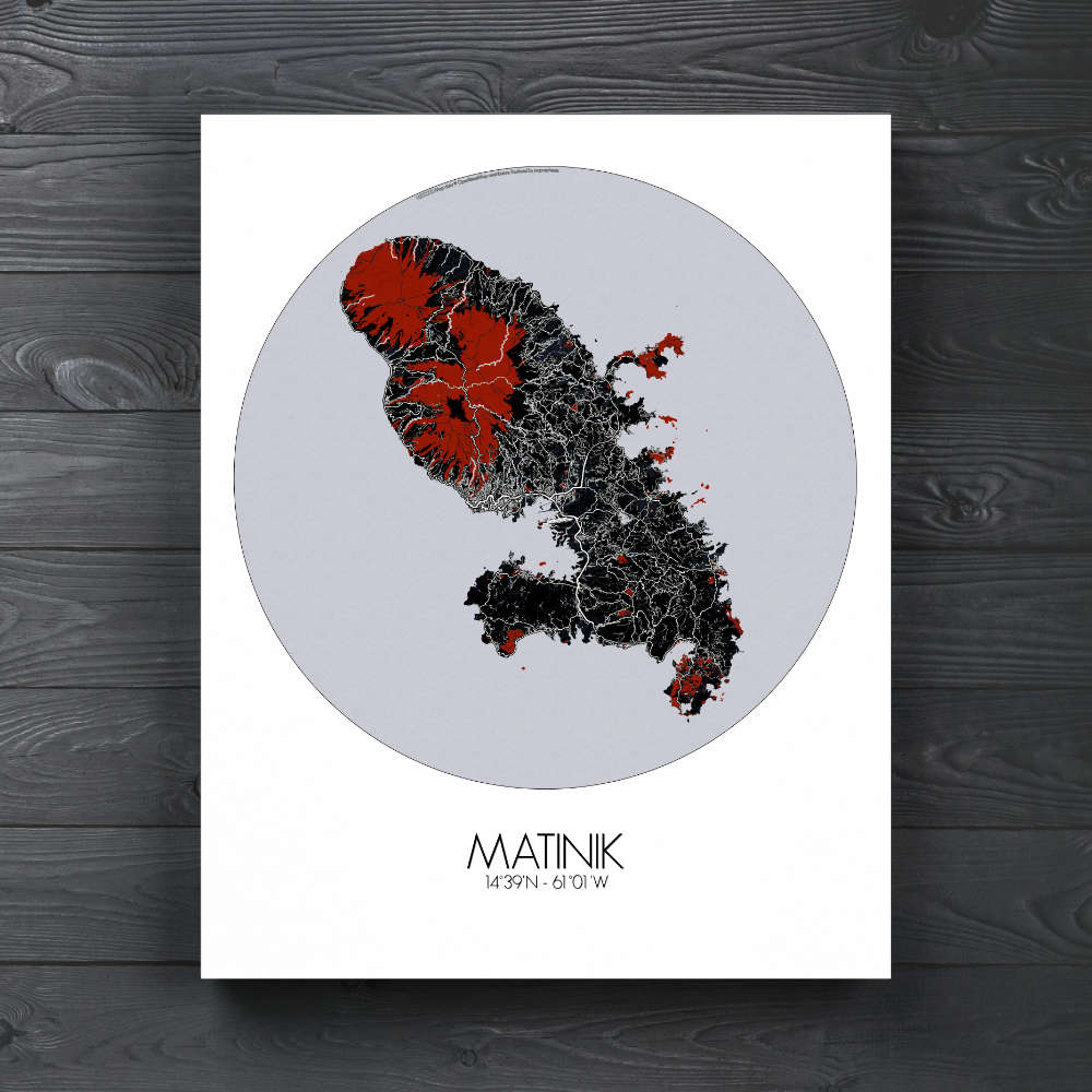 Mapospheres Martinique Red dark round shape design canvas city map