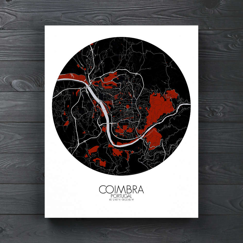 Mapospheres Coimbra Red dark round shape design canvas city map