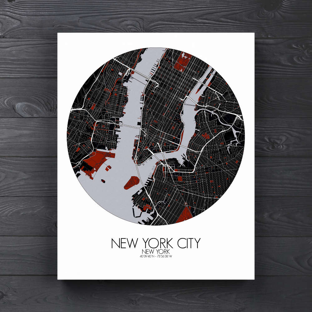 Mapospheres New York Red dark round shape design canvas city map