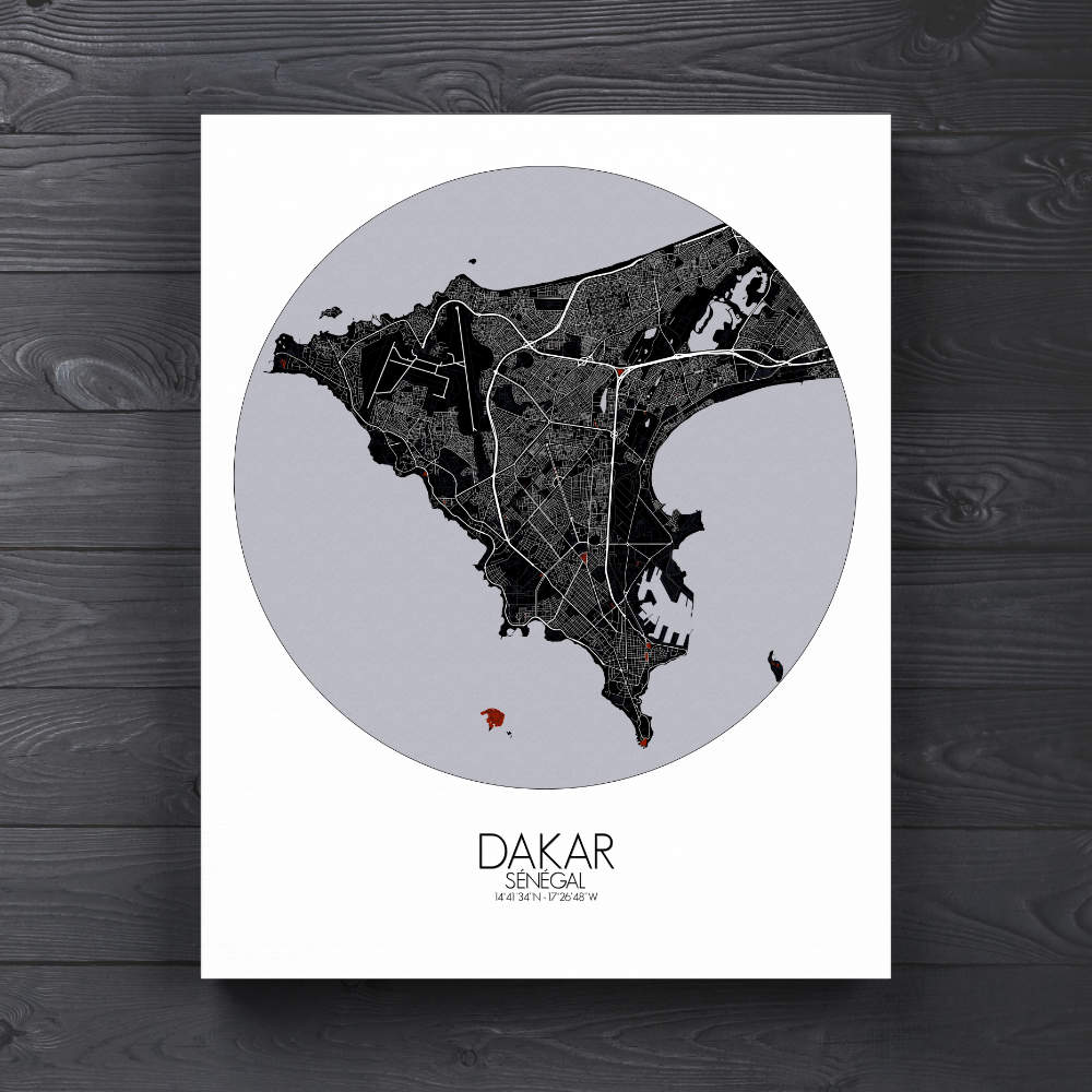 Mapospheres Dakar Red dark round shape design canvas city map