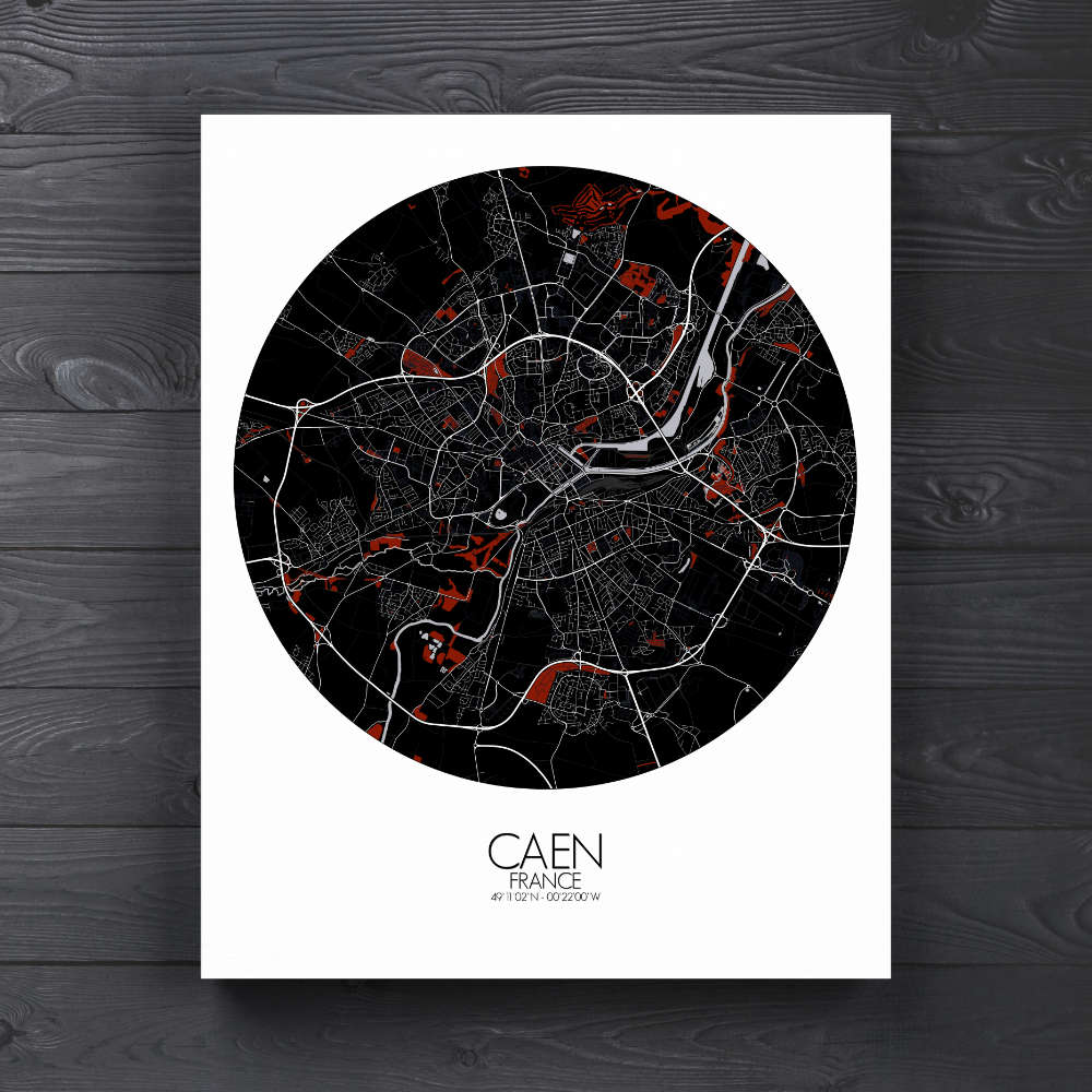 Mapospheres Caen Red dark round shape design canvas city map