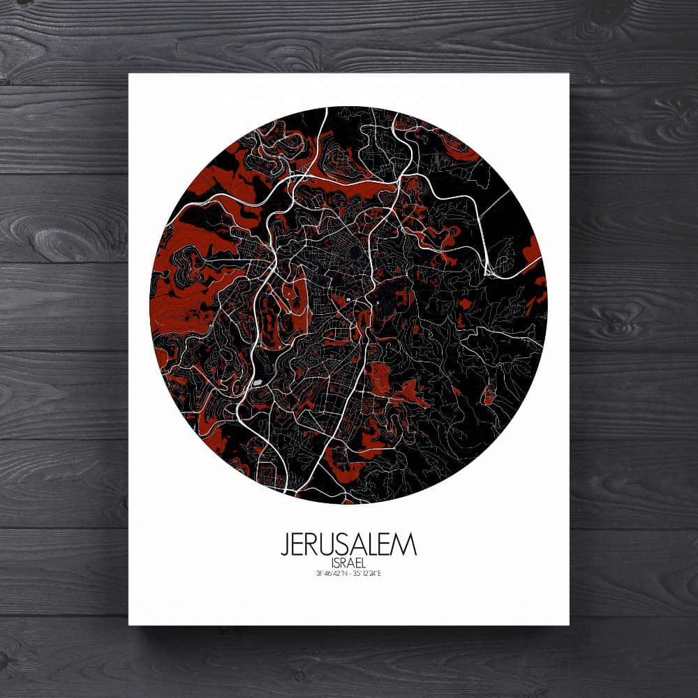Mapospheres Jerusalem Red dark round shape design canvas city map