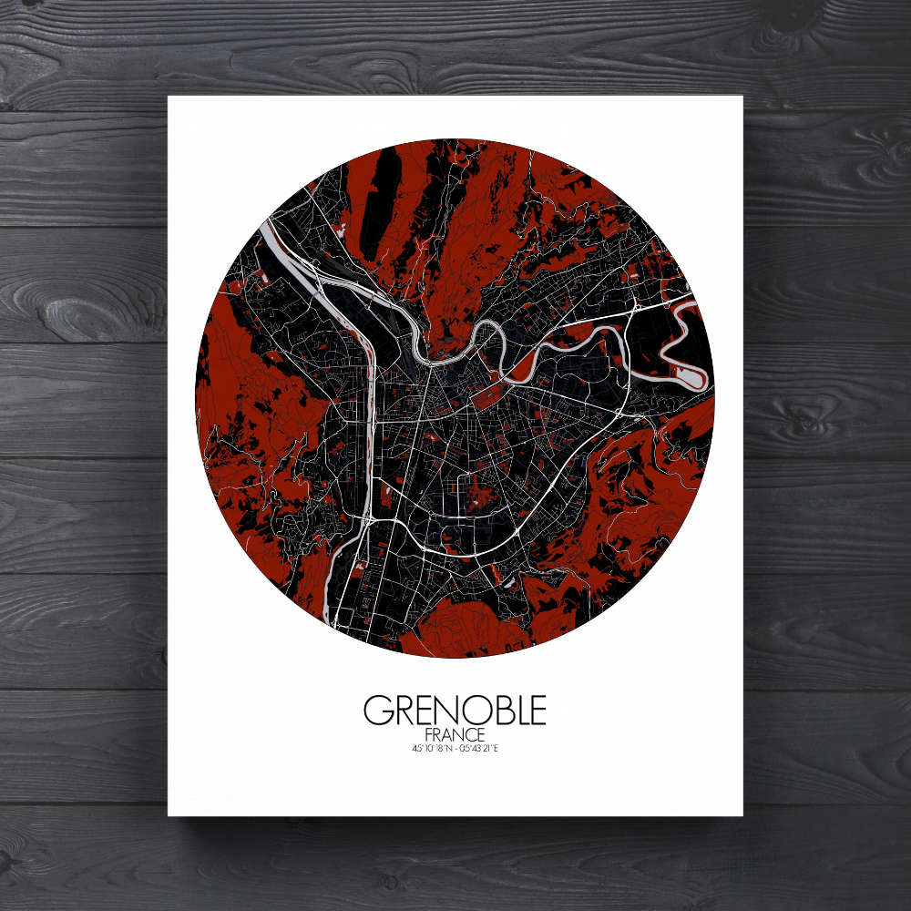 Mapospheres Grenoble Red dark round shape design canvas city map