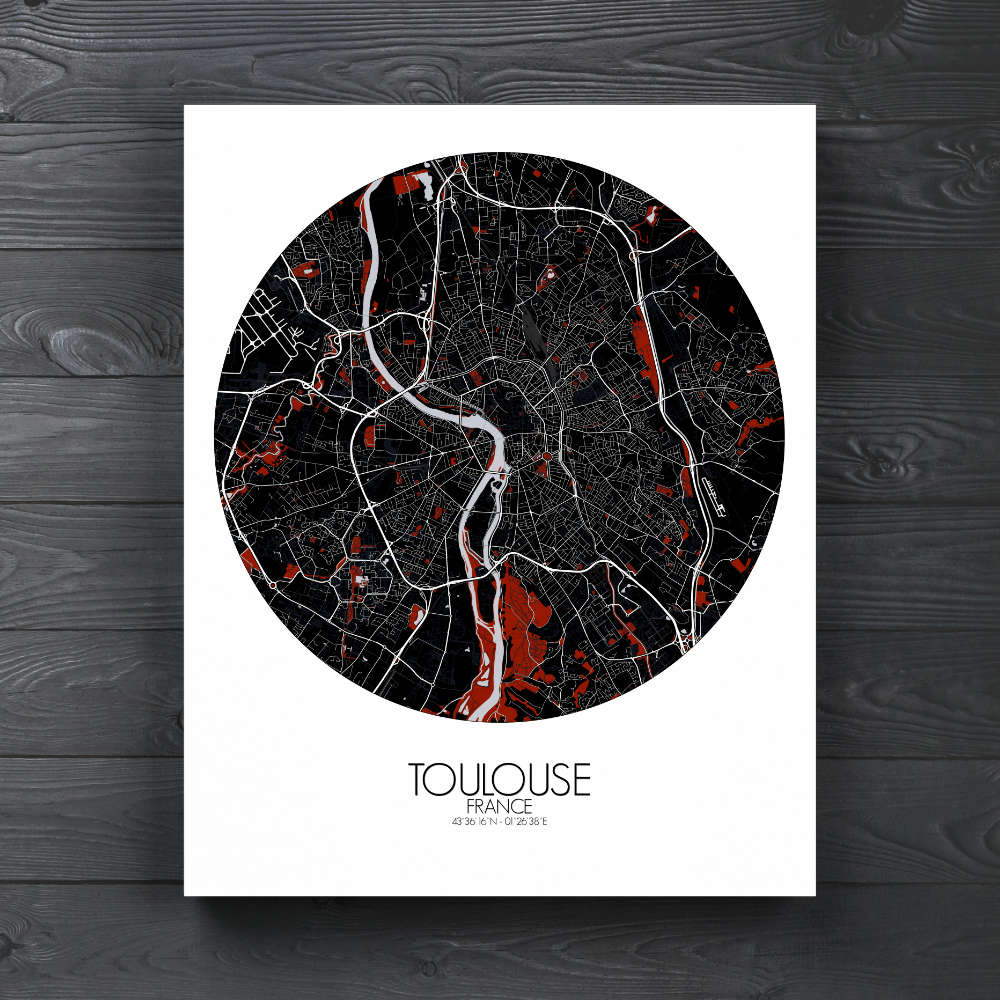 Mapospheres Toulouse Red dark round shape design canvas city map