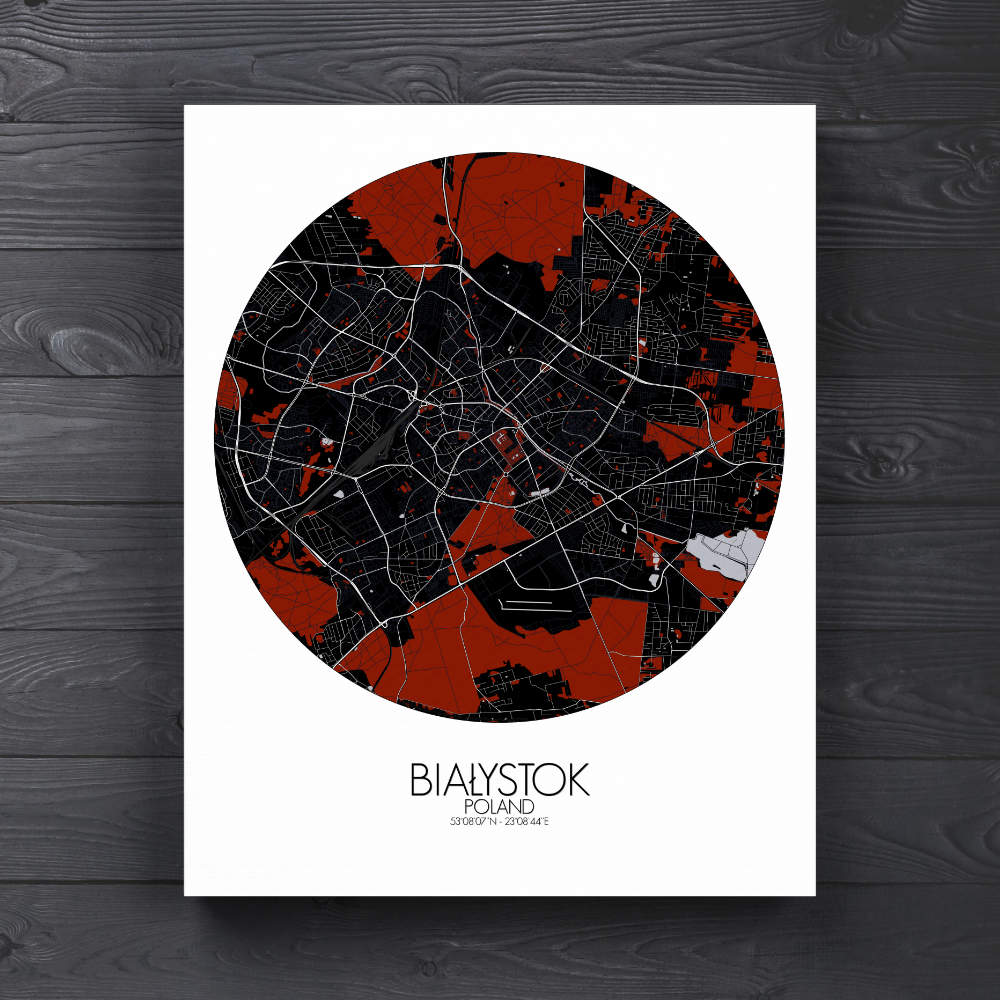 Mapospheres Bialystok Red dark round shape design canvas city map