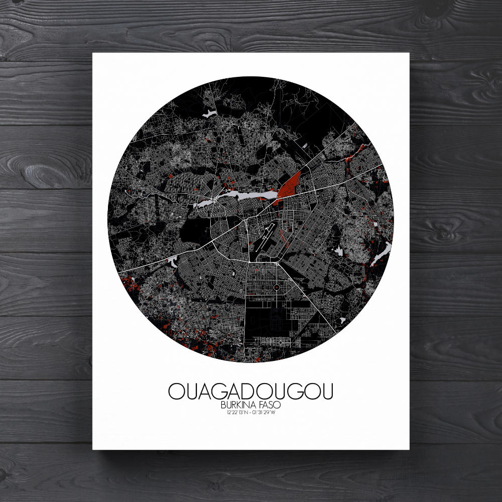 Mapospheres Ouagadougou Red dark round shape design canvas city map
