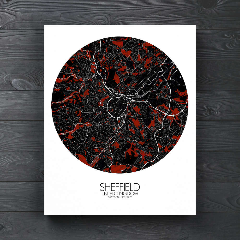Mapospheres Sheffield Red dark round shape design canvas city map