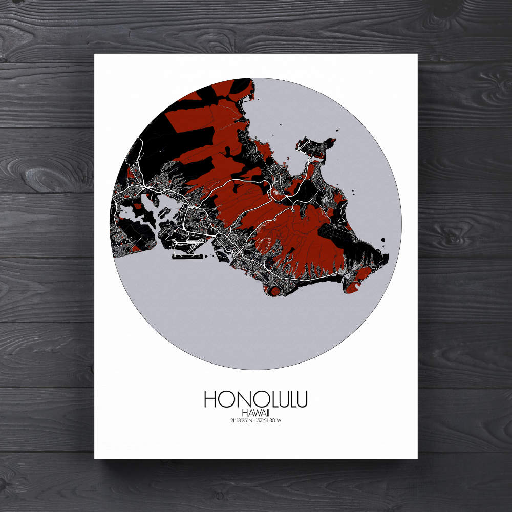 Mapospheres Honolulu Red dark round shape design canvas city map
