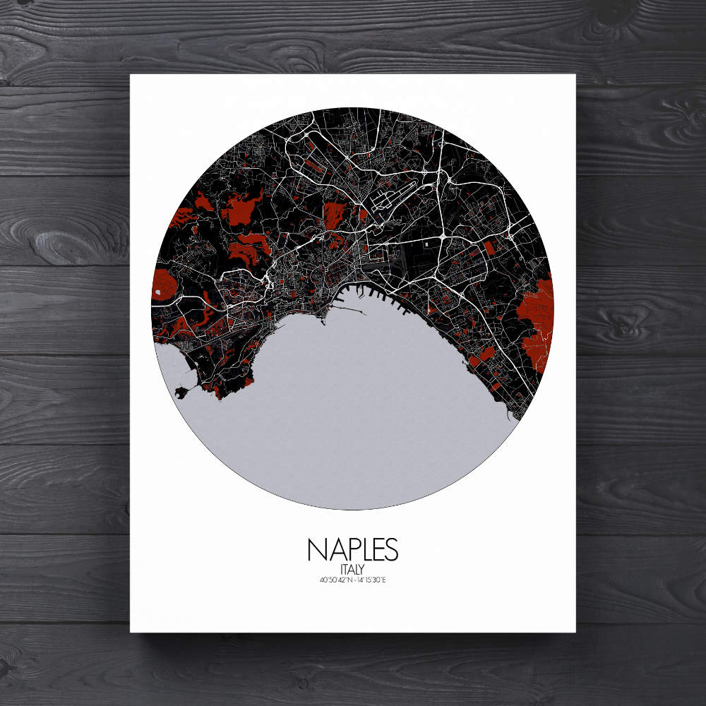 Mapospheres Naples Red dark round shape design canvas city map