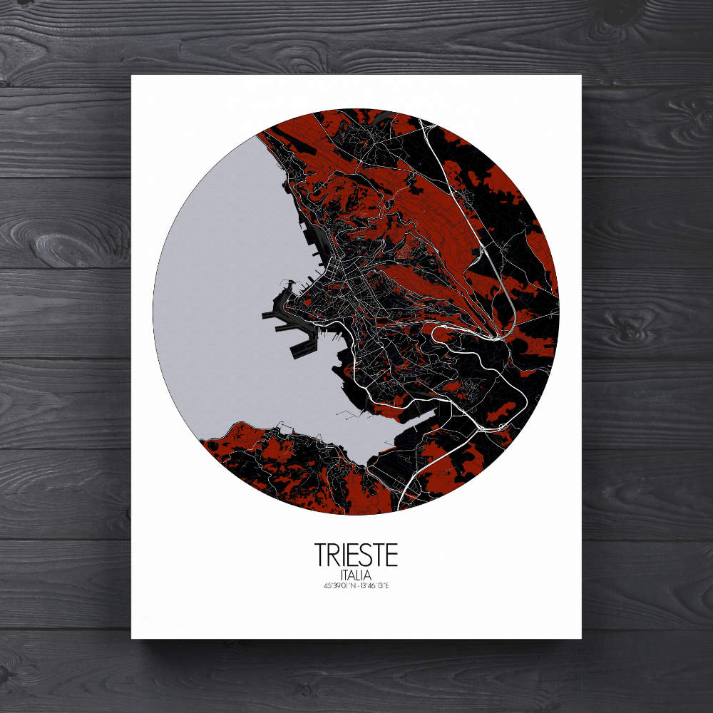 Mapospheres Trieste Red dark round shape design canvas city map