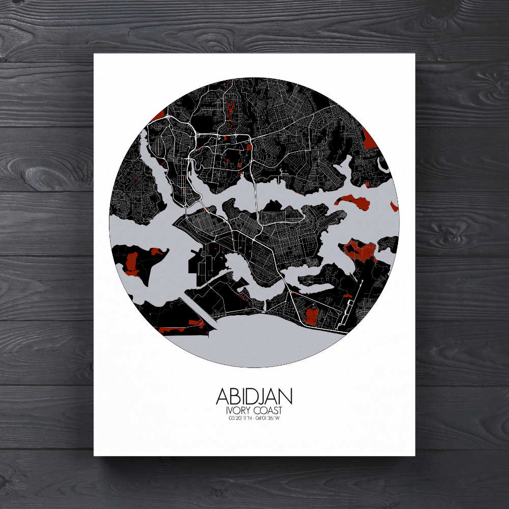 Mapospheres Abidjan Red dark round shape design canvas city map