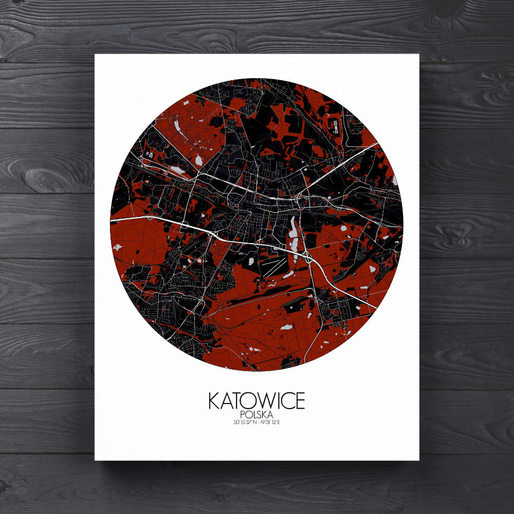 Mapospheres Katowice Red dark round shape design canvas city map