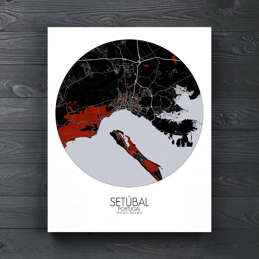 Mapospheres Setubal Red dark round shape design canvas city map