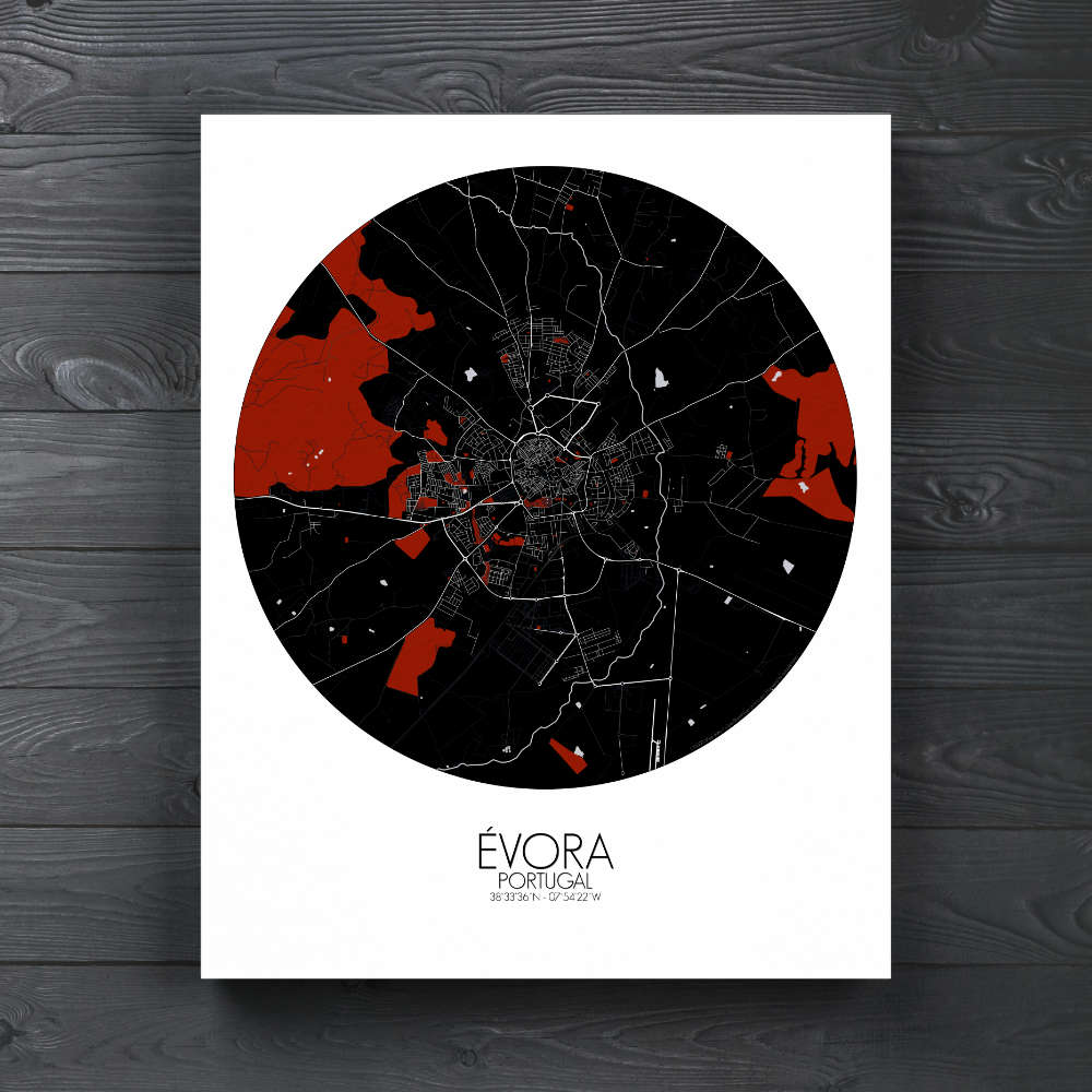 Mapospheres Evora Red dark round shape design canvas city map